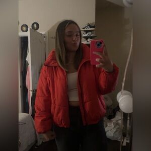 Red puffer jacket